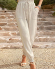 Tan Textured Smocked Waist Pants with Pockets Sentient Beauty Fashions Apparel & Accessories