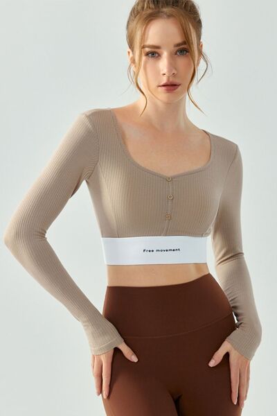 Light Gray Square Neck Decorative Button Long Sleeve Active T-Shirt Sentient Beauty Fashions Apparel & Accessories