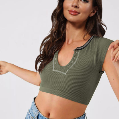 Notched Neck Cap Sleeve Cropped Tee