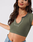 Dark Slate Gray Notched Neck Cap Sleeve Cropped Tee Sentient Beauty Fashions Apparel & Accessories
