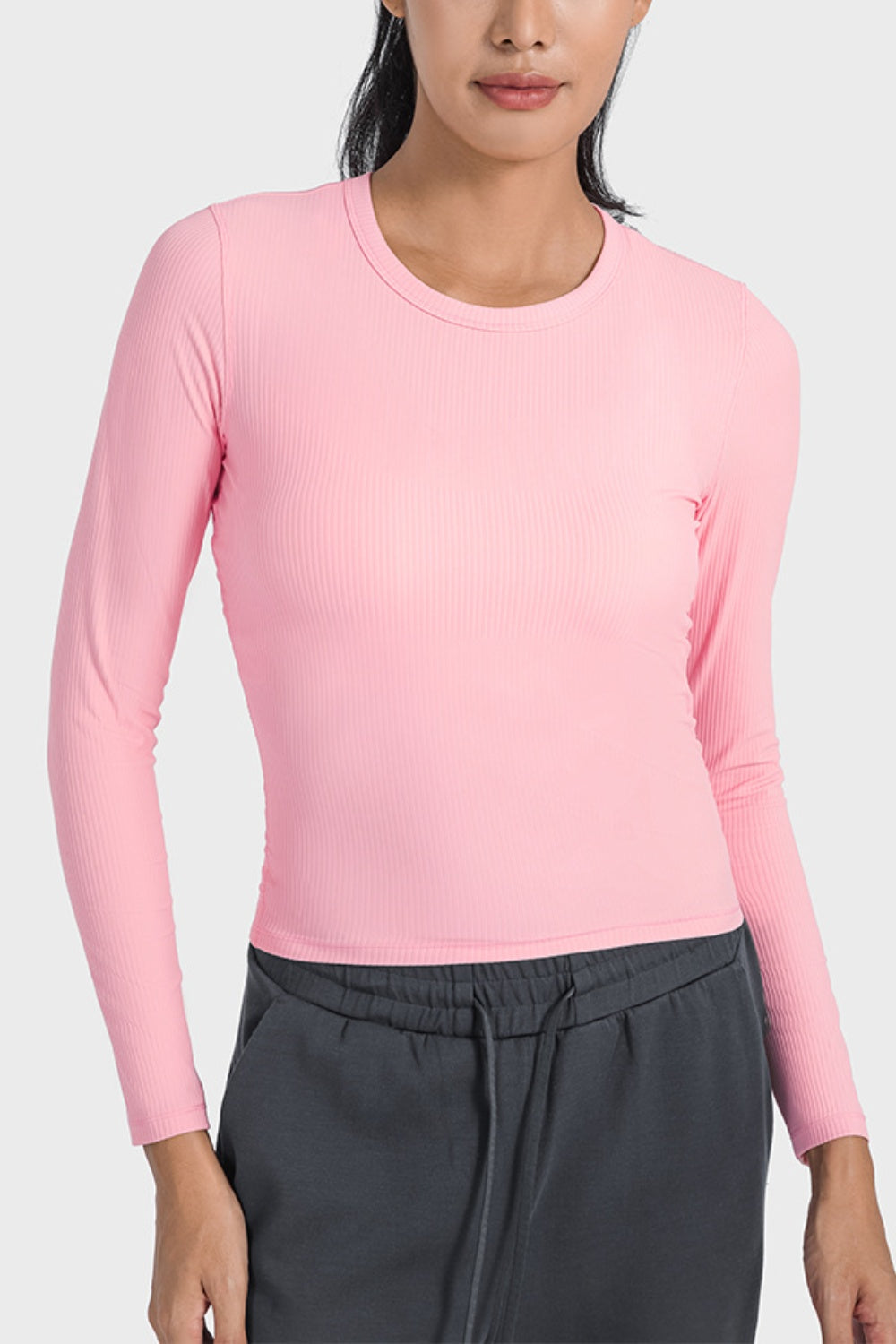 Pink Round Neck Long Sleeve Sports Top Sentient Beauty Fashions tops