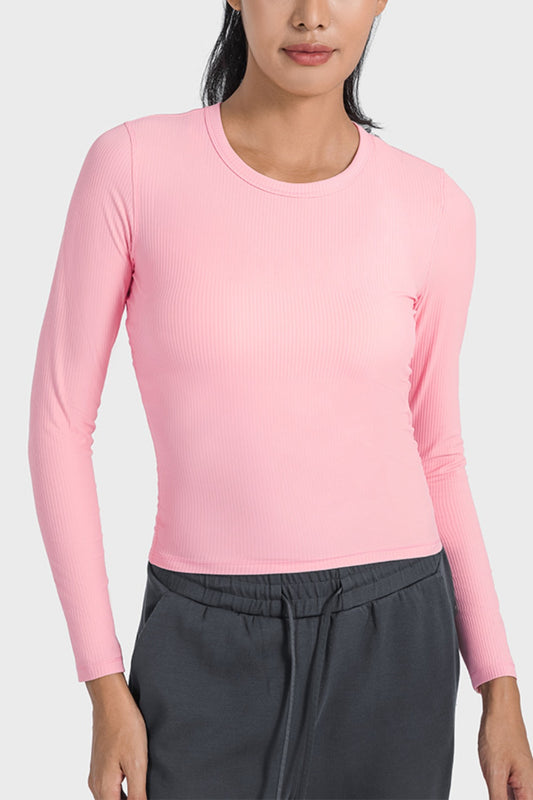 Pink Round Neck Long Sleeve Sports Top