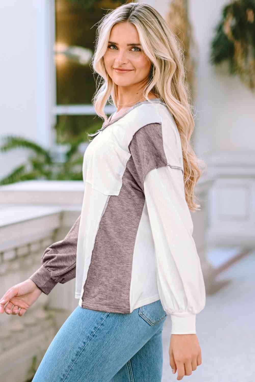 Gray Color Block Exposed Seam Blouse Sentient Beauty Fashions Apparel & Accessories