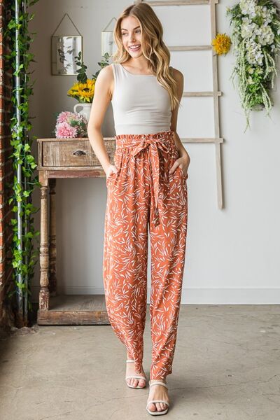 Rosy Brown Heimish Full Size Printed Tied Straight Casual Pants Sentient Beauty Fashions Apparel &amp; Accessories
