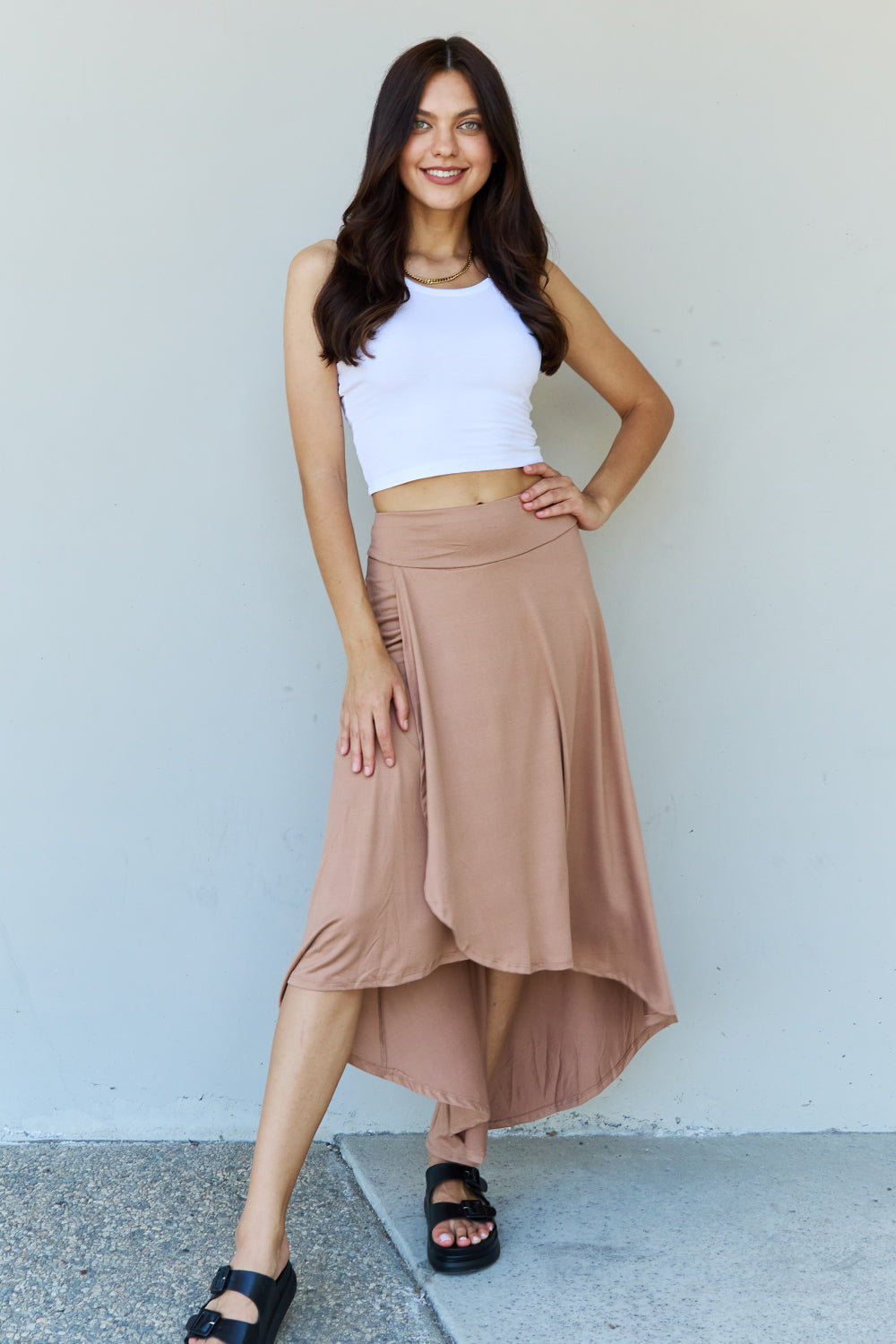 Gray Ninexis First Choice High Waisted Flare Maxi Skirt in Camel Sentient Beauty Fashions Apparel & Accessories