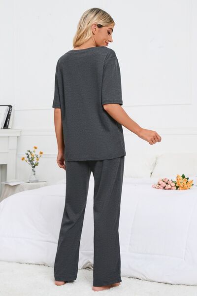 Dark Slate Gray Slit Round Neck Top and Pants Lounge Set Sentient Beauty Fashions Apparel & Accessories
