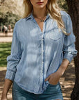 Dim Gray Embroidered Pocketed Button Up Denim Shirt Sentient Beauty Fashions Apparel & Accessories