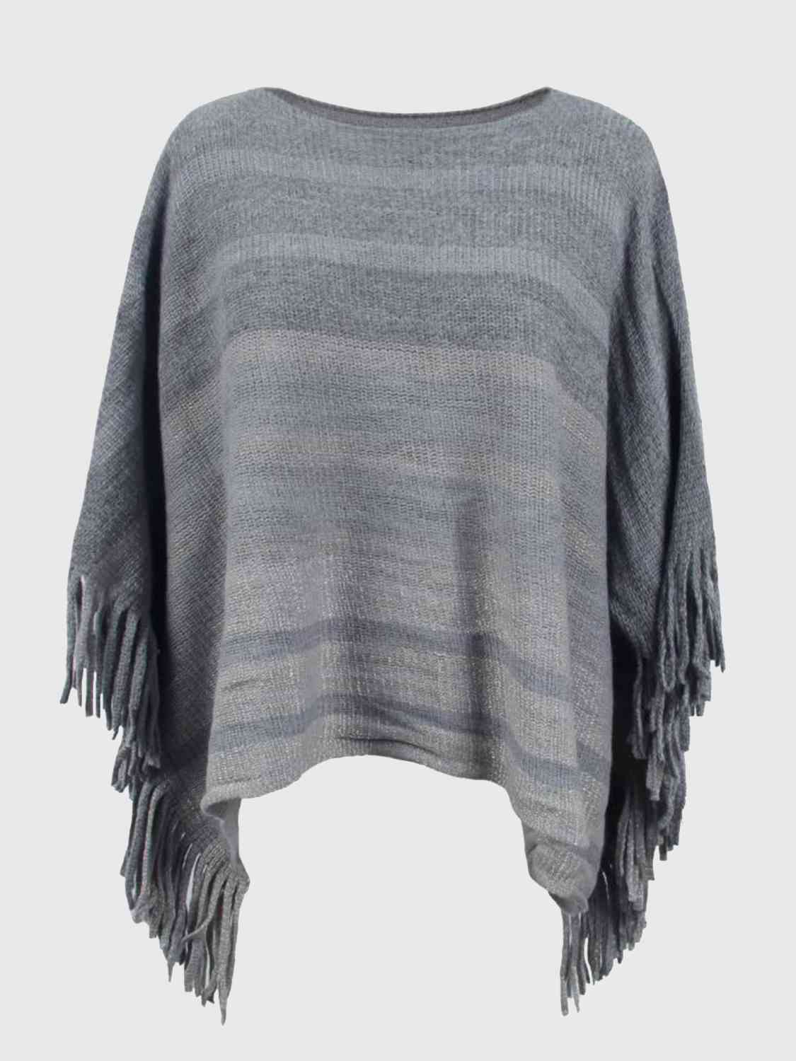 Lavender Striped Boat Neck Poncho with Fringes