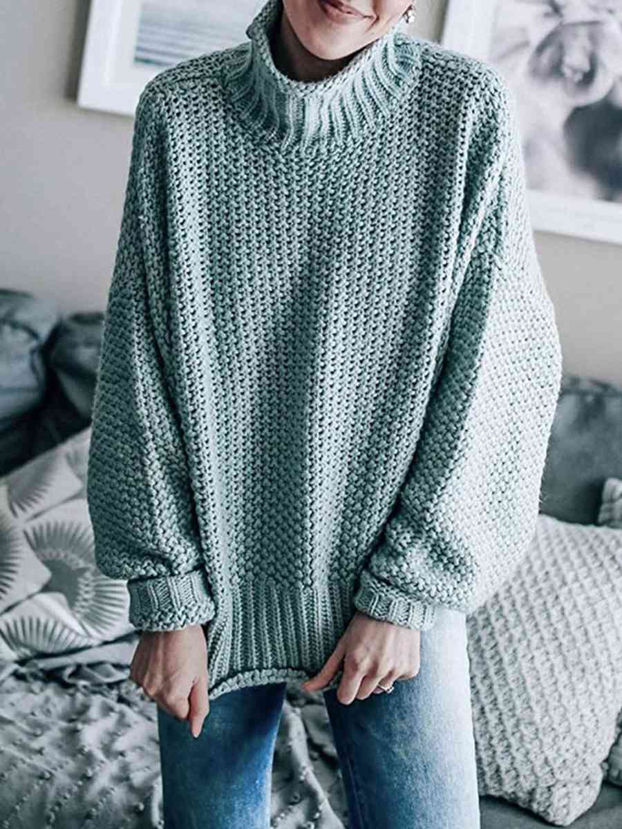 Gray Turtleneck Dropped Shoulder Sweater