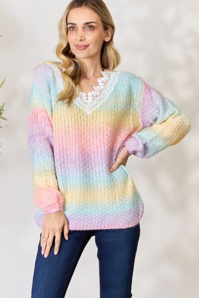Light Gray BiBi Rainbow Gradient Crochet Deetail Sweater Sentient Beauty Fashions Apparel & Accessories