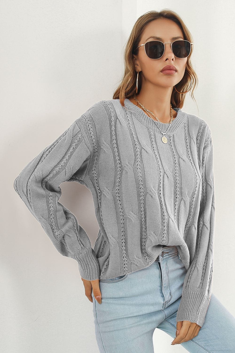 Light Gray Round Neck Long Sleeve Sweater