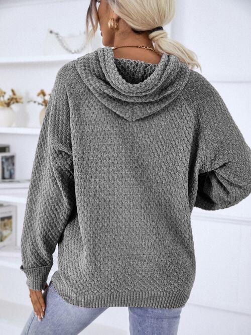 Slate Gray Texture Drawstring Long Sleeve Hooded Sweater