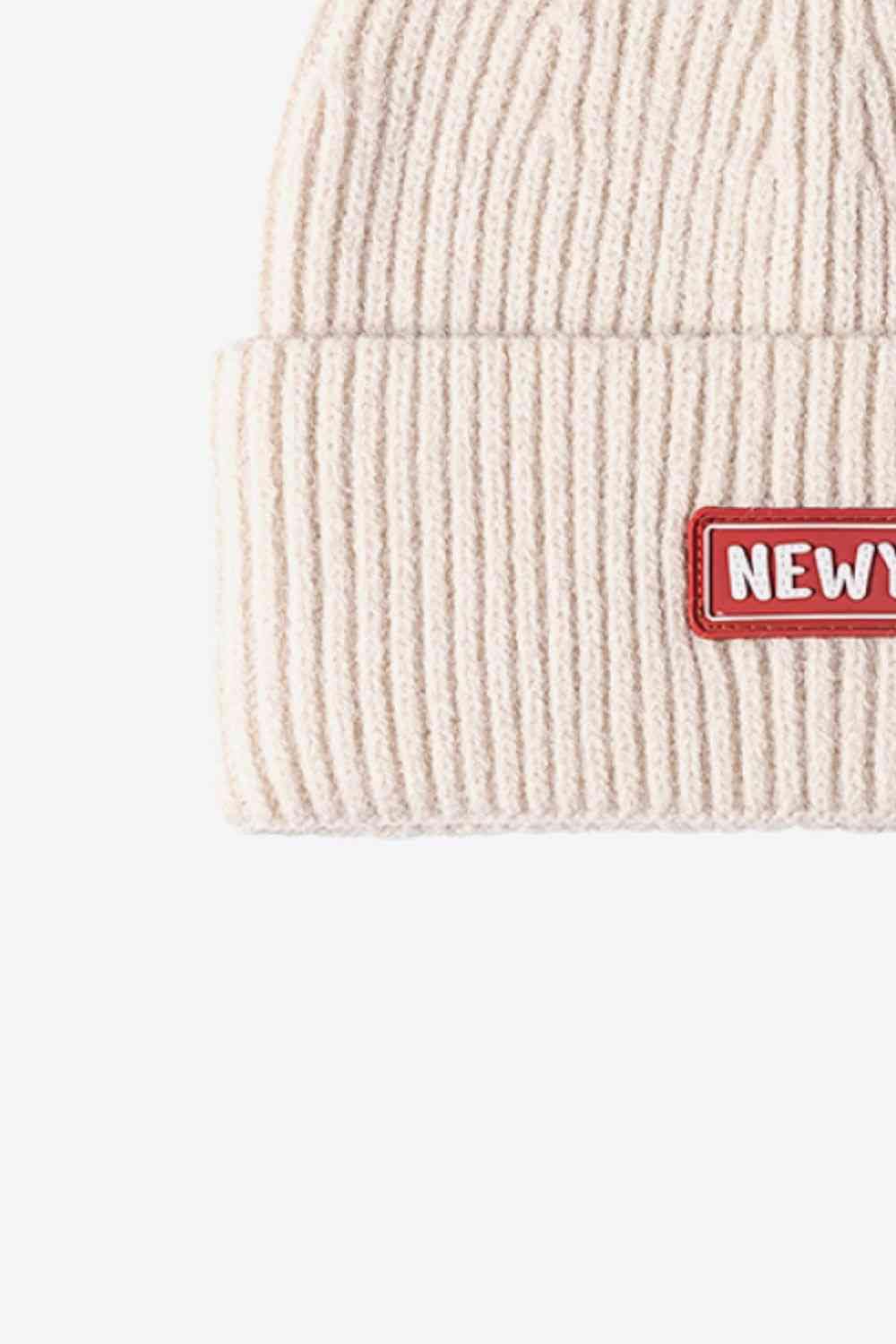 Beige NEWYORK Patch Rib-Knit Cuffed Beanie