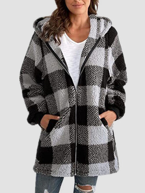 Dark Slate Gray Plaid Zip Up Hooded Jacket with Pockets Sentient Beauty Fashions Apparel &amp; Accessories