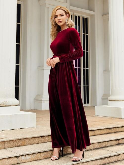 Gray Tie Front Round Neck Long Sleeve Maxi Dress