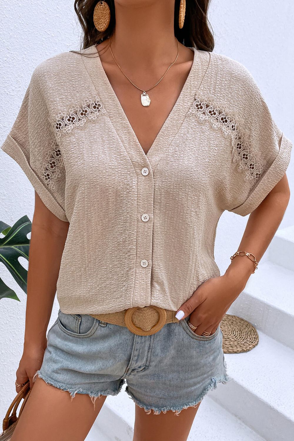 Rosy Brown Textured Lace Trim Button Front Blouse