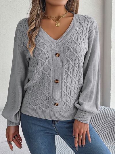 Light Slate Gray Cable-Knit V-Neck Lantern Sleeve Sweater Sentient Beauty Fashions Apparel & Accessories