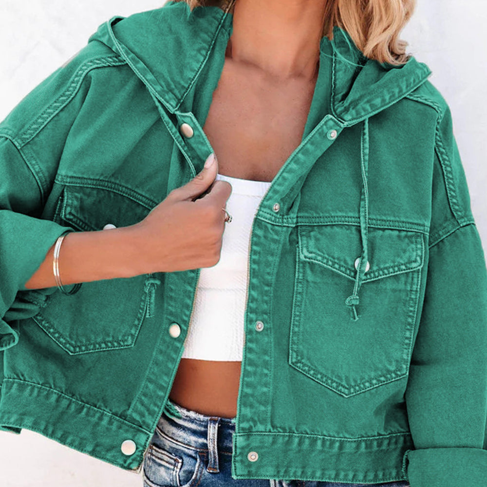 Sea Green Hooded Dropped Shoulder Denim Jacket Sentient Beauty Fashions Apparel &amp; Accessories