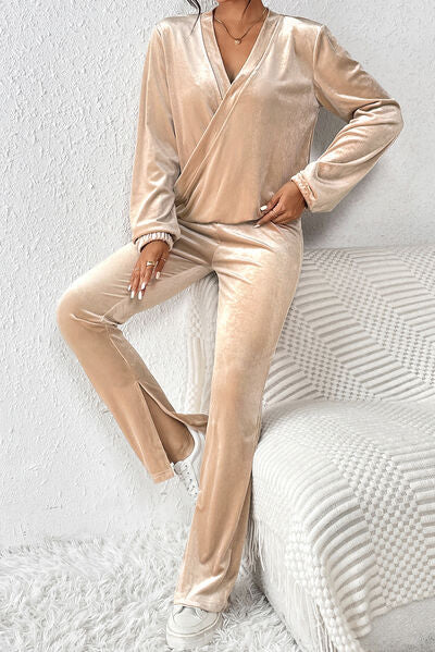 Light Gray Surplice Long Sleeve Top and Slit Pants Set Sentient Beauty Fashions Apparel &amp; Accessories