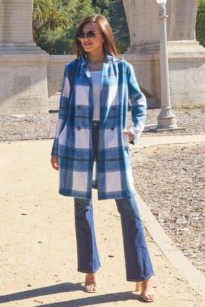 Gray Double Take Full Size Plaid Button Up Lapel Collar Coat Sentient Beauty Fashions Apparel & Accessories