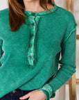 Sea Green Zenana Washed Half Button Exposed Seam Waffle Top Sentient Beauty Fashions Apparel & Accessories