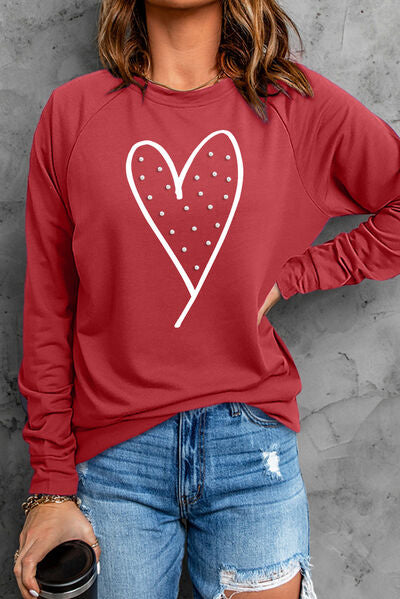 Sienna Heart Pearl Detail Round Neck Sweatshirt Sentient Beauty Fashions Apparel & Accessories