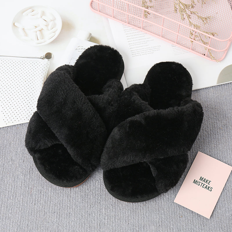 Black Faux Fur Crisscross Strap Slippers Sentient Beauty Fashions slippers