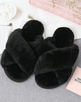 Black Faux Fur Crisscross Strap Slippers Sentient Beauty Fashions slippers