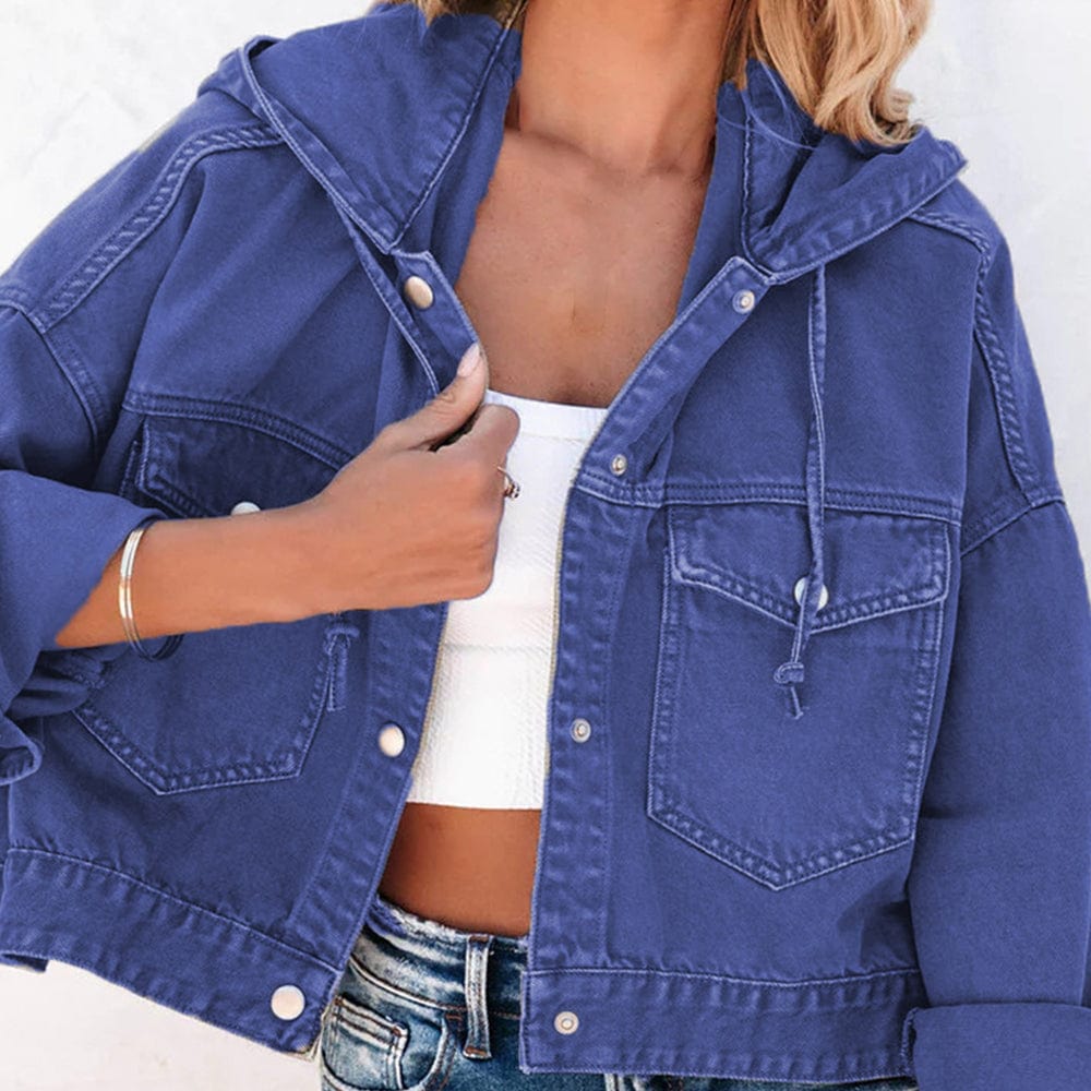 Dark Slate Blue Hooded Dropped Shoulder Denim Jacket Sentient Beauty Fashions Apparel &amp; Accessories