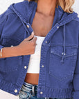Dark Slate Blue Hooded Dropped Shoulder Denim Jacket Sentient Beauty Fashions Apparel & Accessories