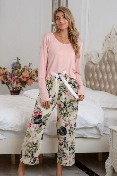 Dark Gray Round Neck Top and Printed Pants Lounge Set Sentient Beauty Fashions sleepwear