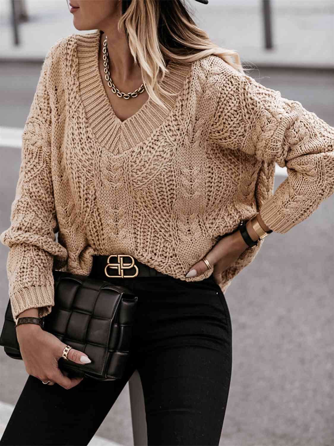 Rosy Brown V-Neck Cable-Knit Long Sleeve Sweater