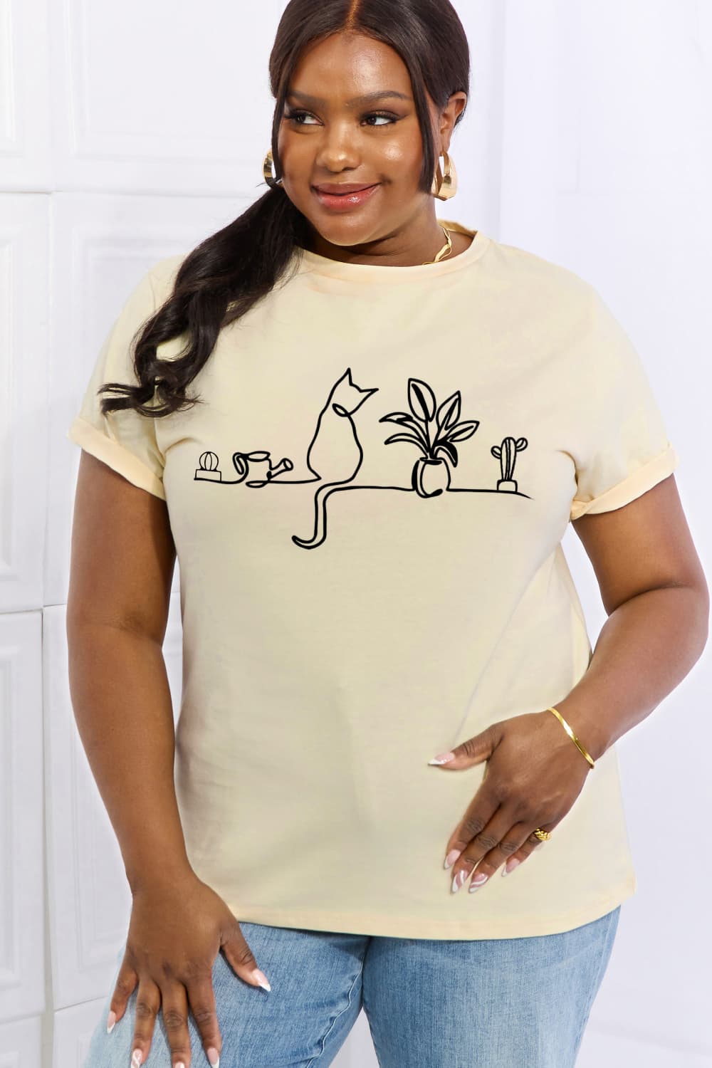 Light Gray Simply Love Full Size Cat Graphic Cotton Tee Sentient Beauty Fashions Apparel & Accessories
