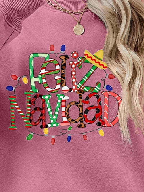 Rosy Brown FELIZ NAVIDAD Round Neck Drop Shoulder Sweatshirt