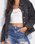 Dark Slate Gray Collared Neck Dropped Shoulder Button-Down Denim Jacket Sentient Beauty Fashions Apparel & Accessories