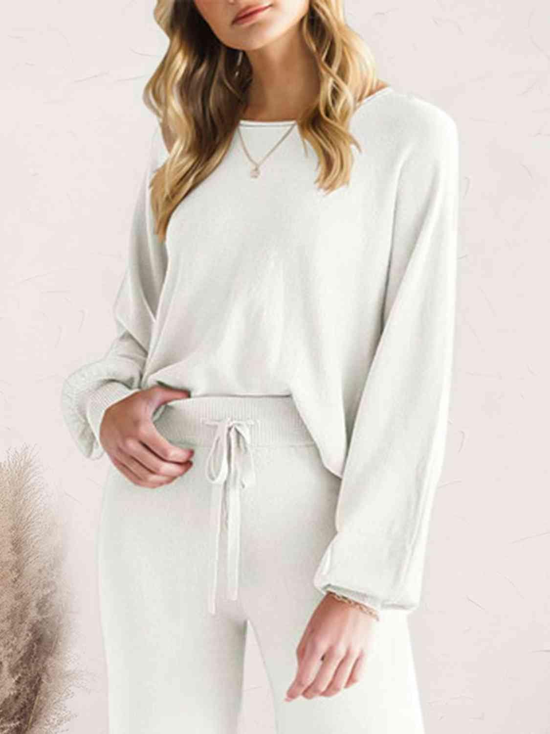 Light Gray Long Sleeve Lounge Top and Drawstring Pants Set