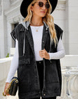 Black Hooded Sleeveless Denim Top with Pockets