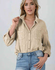 Gray Mineral Wash Crinkle Textured Chest Pockets Shirt Sentient Beauty Fashions Apparel & Accessories