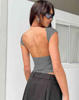 Light Gray Backless Short Sleeve Cropped Blouse Sentient Beauty Fashions Apparel & Accessories