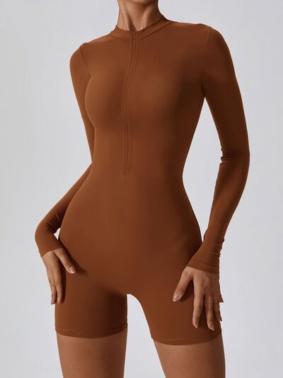 Saddle Brown Half Zip Long Sleeve Active Romper Sentient Beauty Fashions Apparel &amp; Accessories