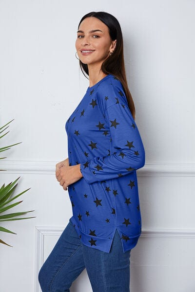 Midnight Blue Star Print Round Neck Dropped Shoulder Sweatshirt