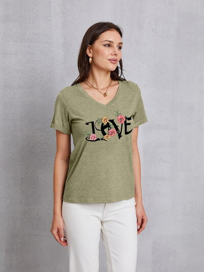 Dark Gray LOVE V-Neck Short Sleeve T-Shirt Sentient Beauty Fashions Apparel & Accessories