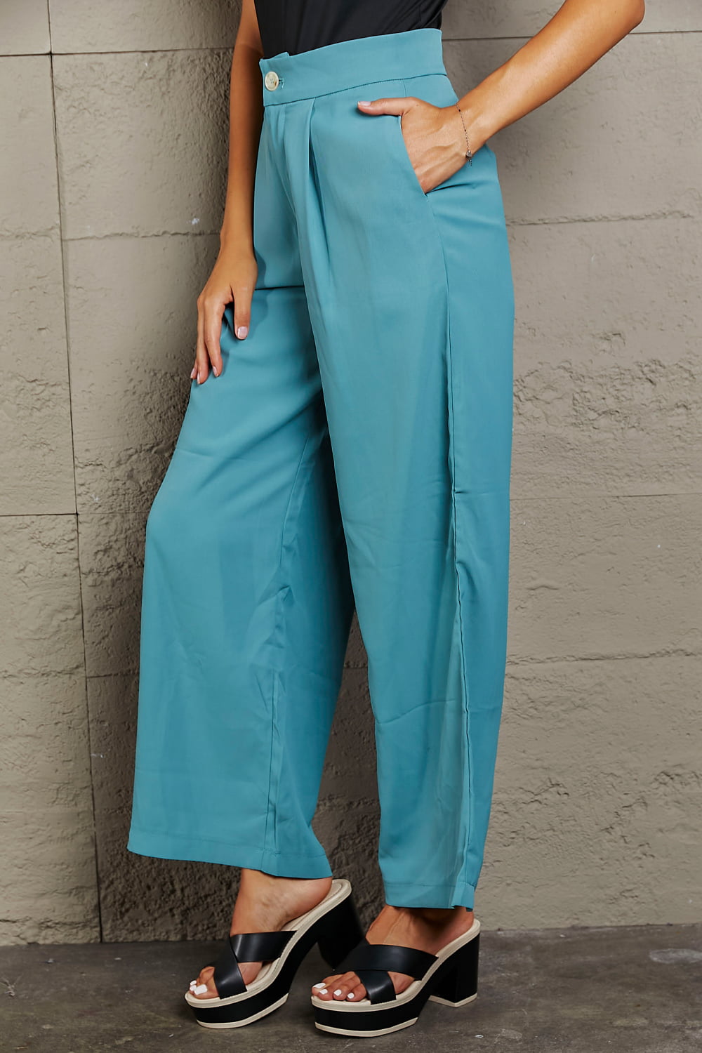 Slate Gray Wide Leg Buttoned Pants Sentient Beauty Fashions Apparel & Accessories
