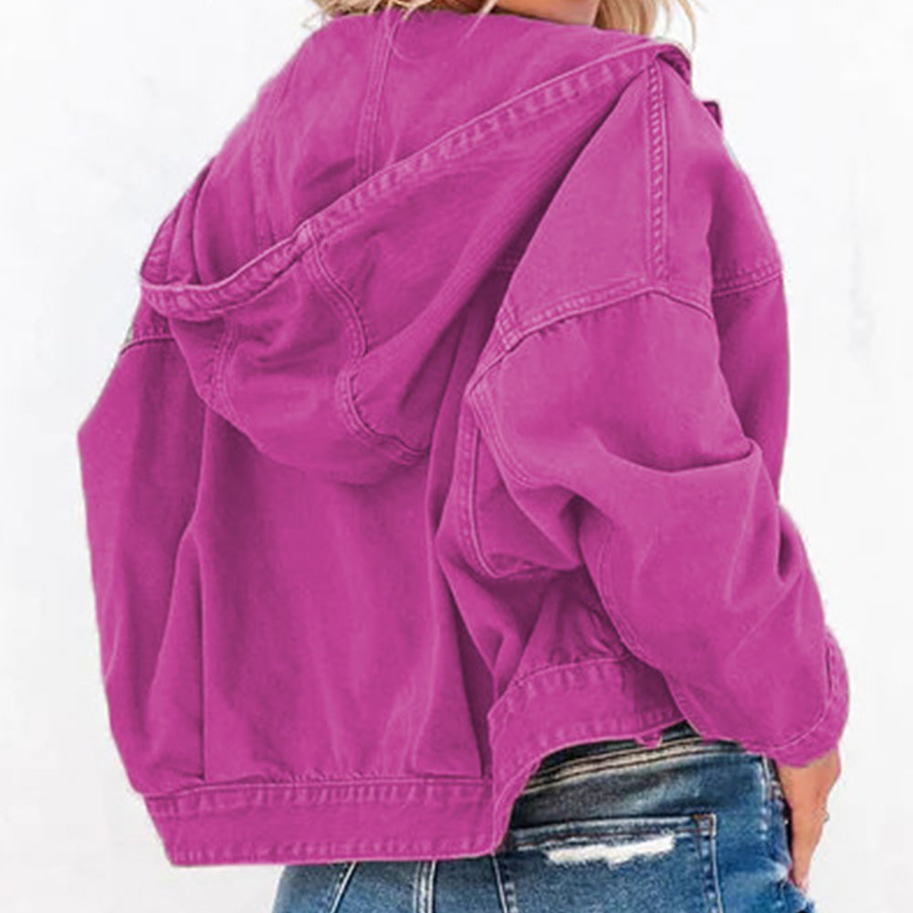 Violet Red Hooded Dropped Shoulder Denim Jacket Sentient Beauty Fashions Apparel &amp; Accessories
