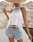 Gray Tied Openwork Tassel Grecian Sleeveless Top