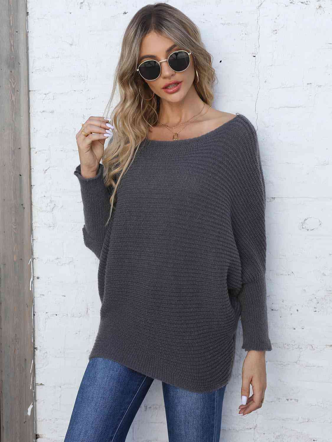 Dark Slate Gray Full Size Horizontal Ribbing Dolman Sleeve Sweater Sentient Beauty Fashions Apparel &amp; Accessories