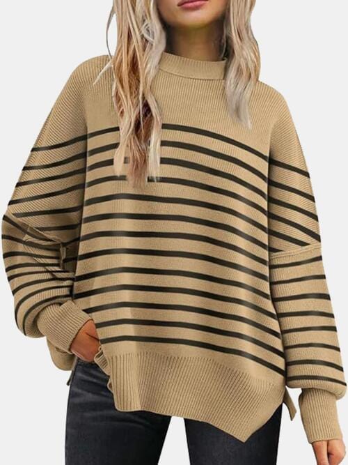 Rosy Brown Round Neck Drop Shoulder Slit Sweater