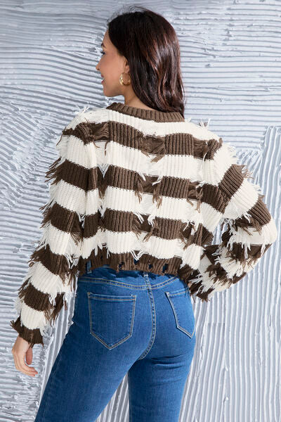 Gray Striped Fringe Round Neck Sweater Sentient Beauty Fashions Apparel &amp; Accessories