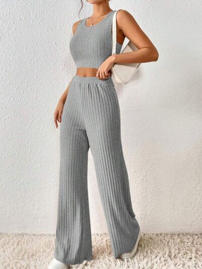 Light Gray Ribbed Round Neck Tank and Pants Sweater Set Sentient Beauty Fashions Apparel &amp; Accessories