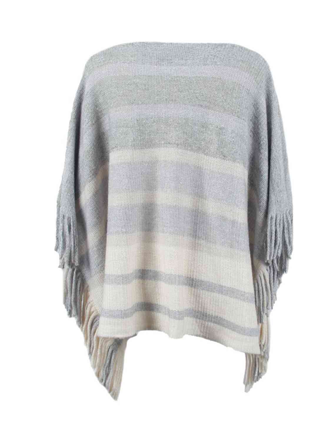 Gray Striped Boat Neck Poncho with Fringes